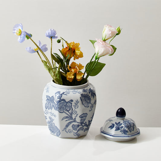 Blue Floral Porcelain Hexagon Vase